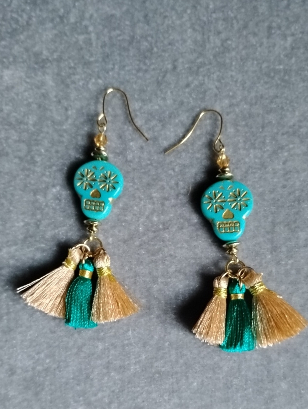 Hand Crafted Turquoise Sugar Skull Tassel Earrings